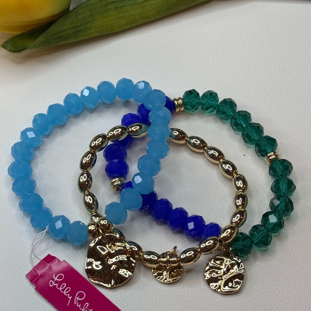 Lilly Pulitzer Mermaids Grotto Gold and Blue Charm Stretch Bracelet Set of 3